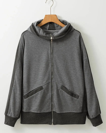 Waffle-Knit Pocketed Zip Up Hooded Jacket - ShopEasier