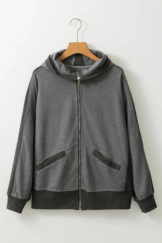 Waffle-Knit Pocketed Zip Up Hooded Jacket - ShopEasier