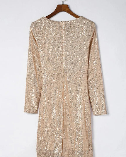 Sequin Knot Round Neck Long Sleeve Mini Dress