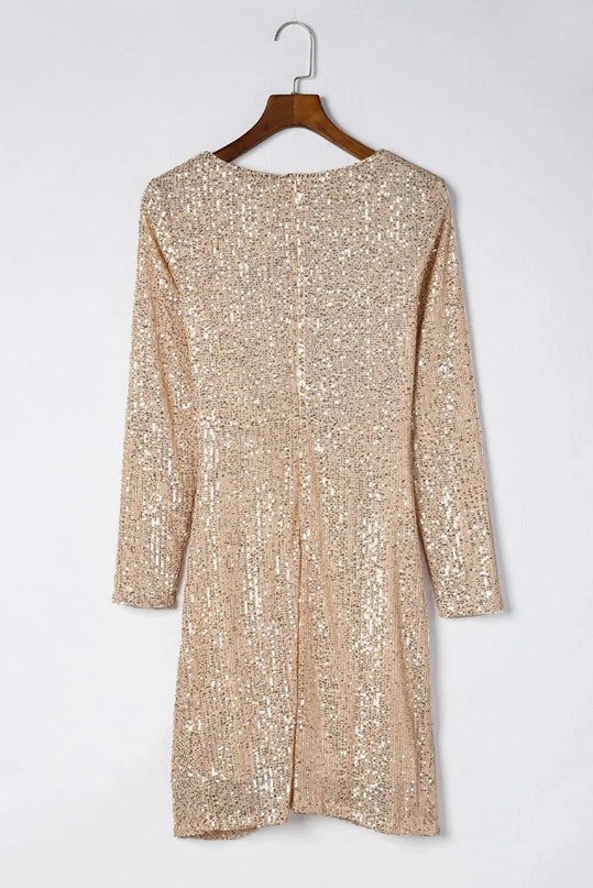 Sequin Knot Round Neck Long Sleeve Mini Dress