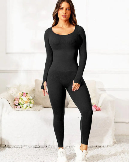 Scoop Neck Long Sleeve Active Jumpsuit - ShopEasier