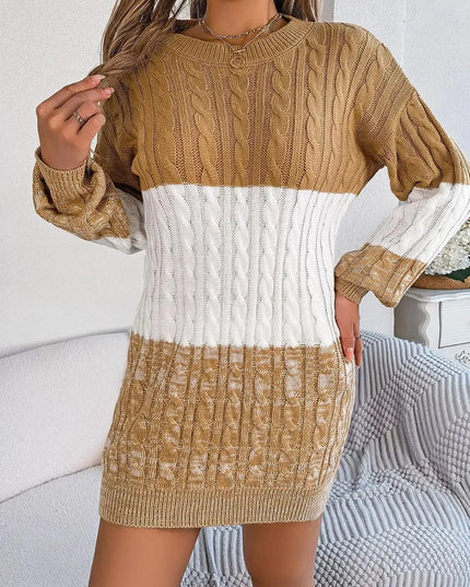 Cable-Knit Round Neck Color Block Sweater Dress - ShopEasier