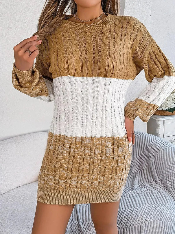 Cable-Knit Round Neck Color Block Sweater Dress - ShopEasier