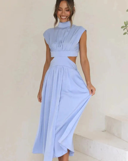 Cutout Mock Neck Sleeveless Ruched Dress