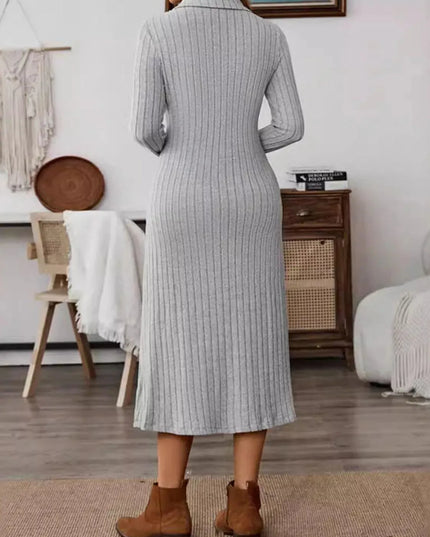 Collared Neck Long Sleeve Midi Dress