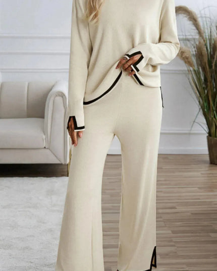 Two-Piece Contrast Trim Sweater Set with Round Neck Top and Pants