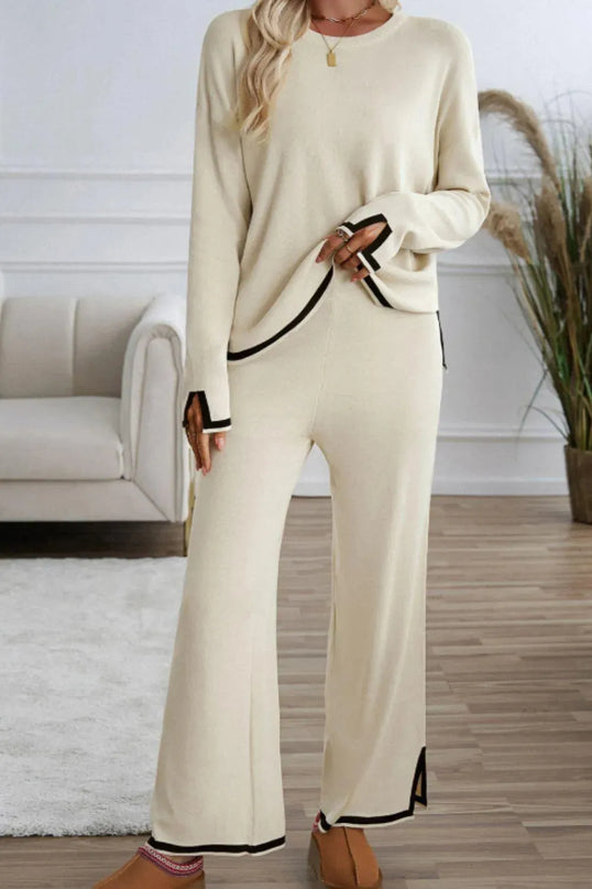 Two-Piece Contrast Trim Sweater Set with Round Neck Top and Pants