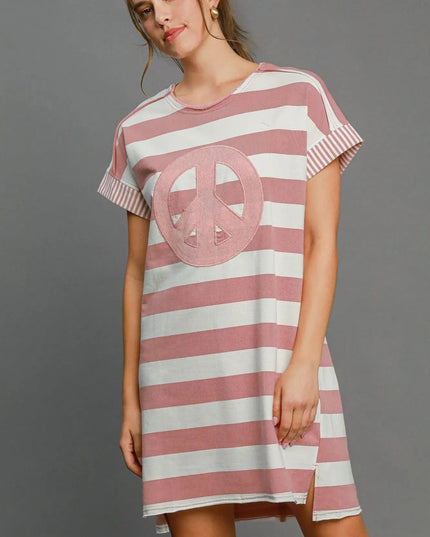 Umgee Peace Applique Striped Short Sleeve Mini Dress