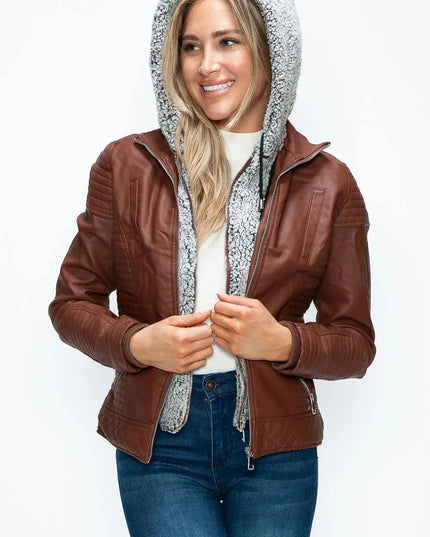 YMI Faux Layered Double-Zipper Jacket with Fuzzy Hood - ShopEasier