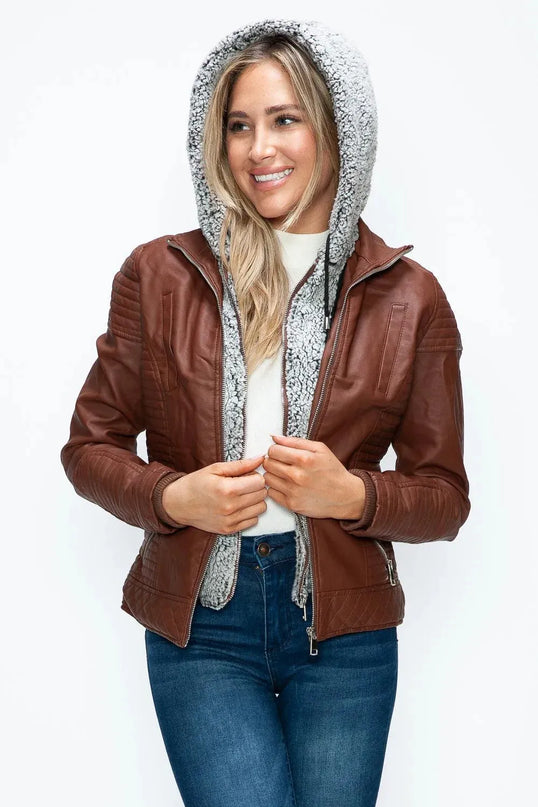 YMI Faux Layered Double-Zipper Jacket with Fuzzy Hood - ShopEasier