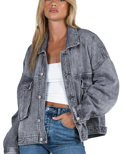 Collared Neck Button Up Denim Jacket - ShopEasier