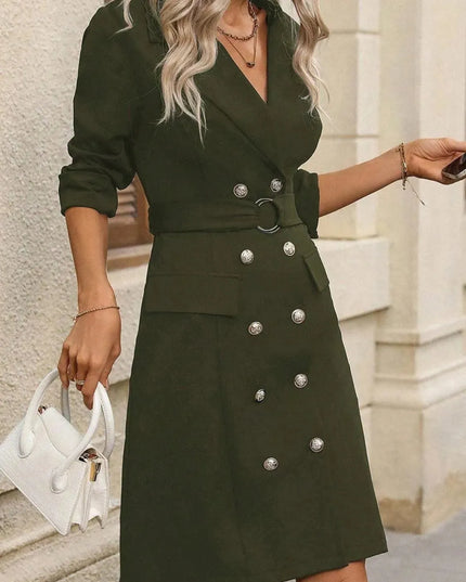 Double-Breasted Lapel Collar Long Sleeve Dress