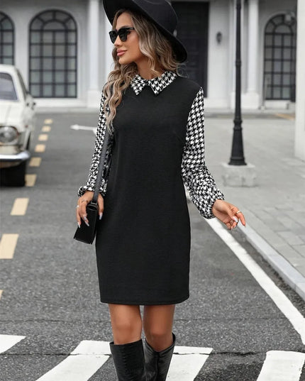 Houndstooth Collared Neck Long Sleeve Mini Dress