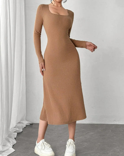 Square Neck Long Sleeve Midi Wrap Dress - ShopEasier