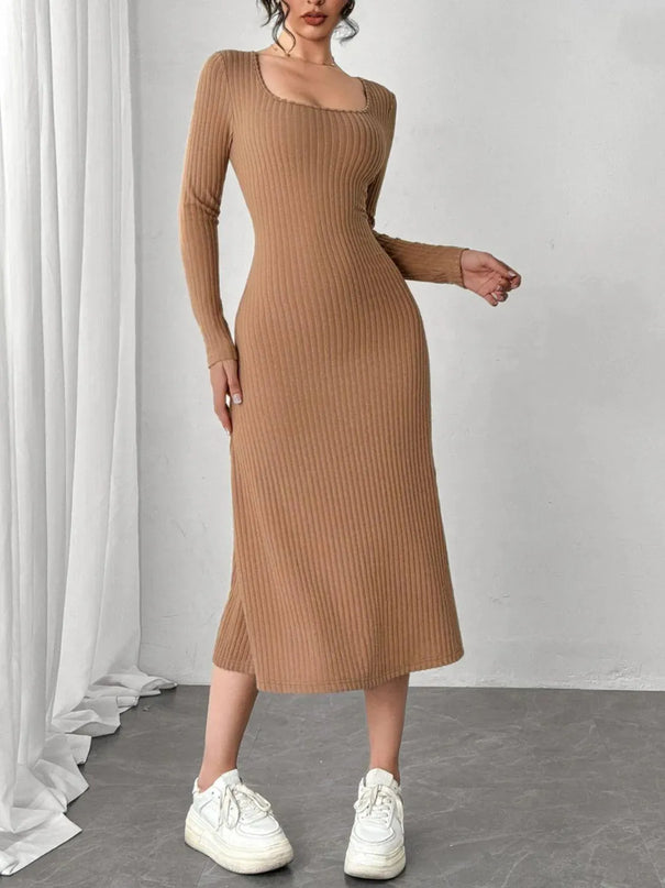 Square Neck Long Sleeve Midi Wrap Dress - ShopEasier