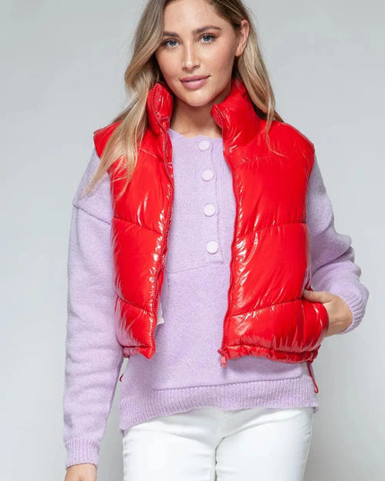 Chic Shiny Quilted Turtleneck Vest with Zip Closure