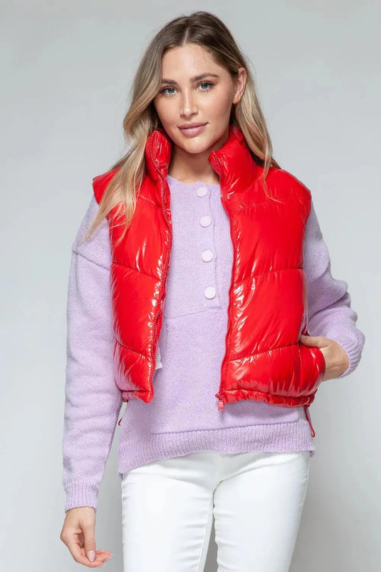 Chic Shiny Quilted Turtleneck Vest with Zip Closure