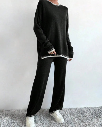 Side Slit Contrast Trim Round Neck Top and Pants Sweater Set