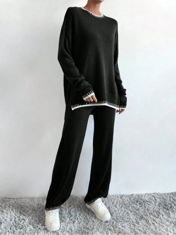 Side Slit Contrast Trim Round Neck Top and Pants Sweater Set