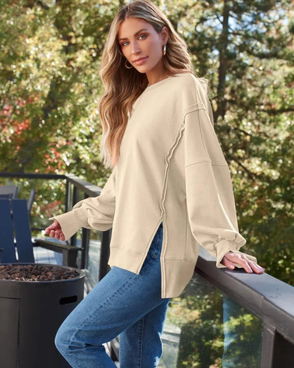 Slit Round Neck Long Sleeve Sweatshirt - ShopEasier