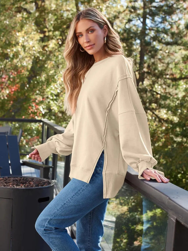 Slit Round Neck Long Sleeve Sweatshirt - ShopEasier