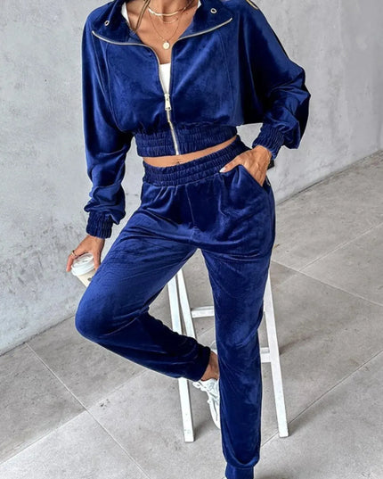 Zip Up Long Sleeve Cropped Top and Joggers Set - ShopEasier