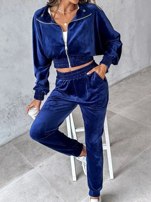 Zip Up Long Sleeve Cropped Top and Joggers Set - ShopEasier