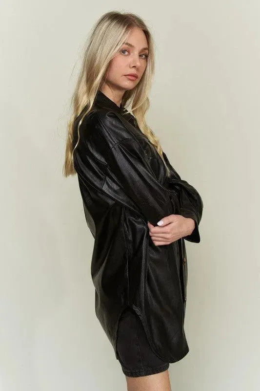 Faux Leather Utility Jacket with Button-Up Front and Chest Pockets