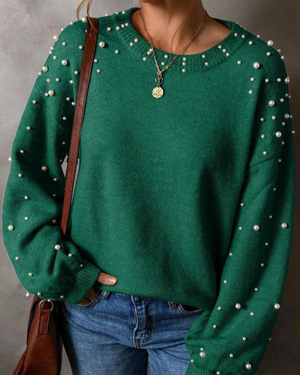 Elegant Pearl-Embellished Long Sleeve Knit Sweater