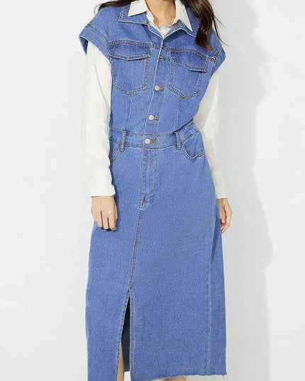 Slit Half Button Collared Neck Cap Sleeve Denim Dress - ShopEasier