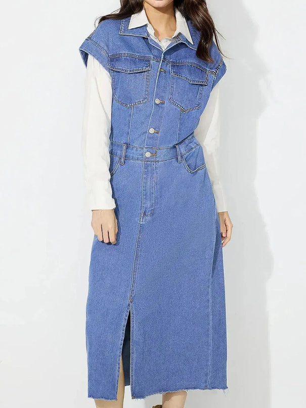 Slit Half Button Collared Neck Cap Sleeve Denim Dress - ShopEasier