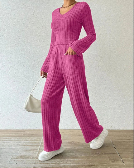 V-Neck Ribbed Long Sleeve Top with Pocketed Trousers Set