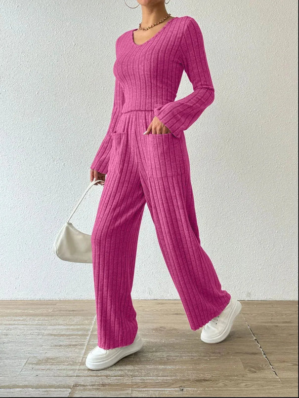 V-Neck Ribbed Long Sleeve Top with Pocketed Trousers Set