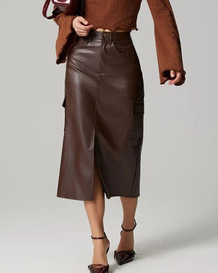 Button-Down Pocketed Slit Midi Skirt