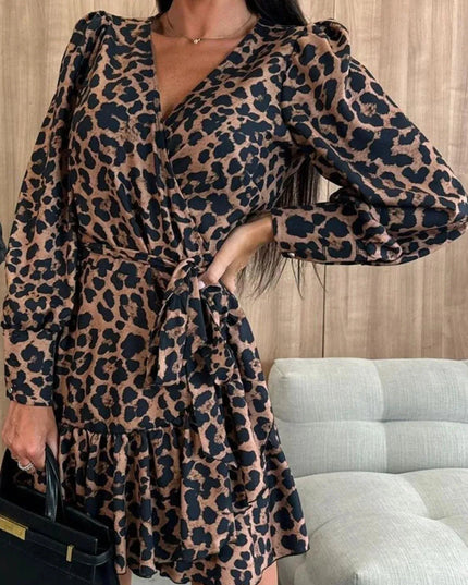 Tied Leopard Surplice Long Sleeve Dress - ShopEasier