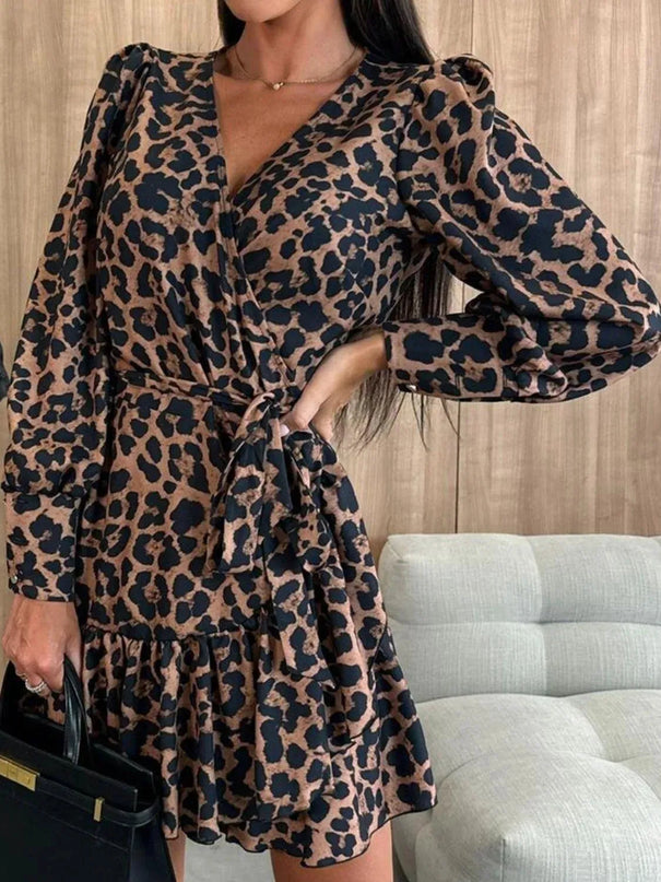 Tied Leopard Surplice Long Sleeve Dress - ShopEasier