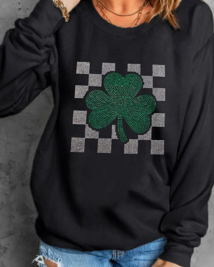 Rhinestone-Embellished Checkered Clover Crewneck Sweatshirt