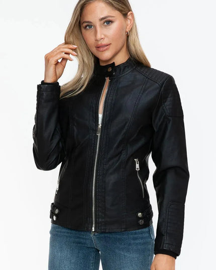 Snobbish Faux Leather Biker Jacket with Side Zip Pockets - ShopEasier