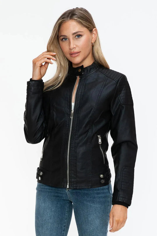 Snobbish Faux Leather Biker Jacket with Side Zip Pockets - ShopEasier