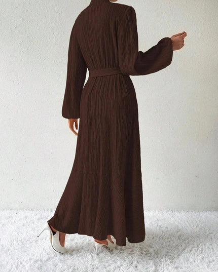 Half Button Tie Waist Long Sleeve Maxi Dress