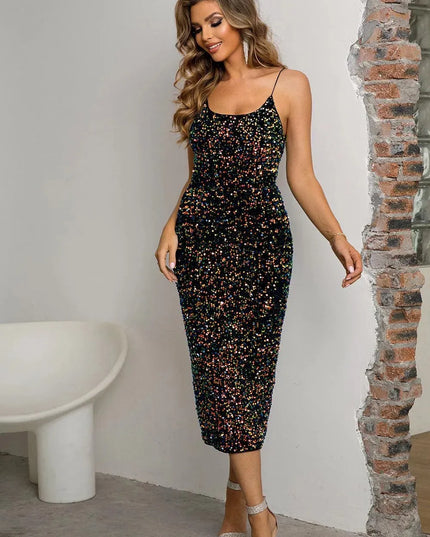 Sequin Spaghetti Strap Slit Dress - ShopEasier