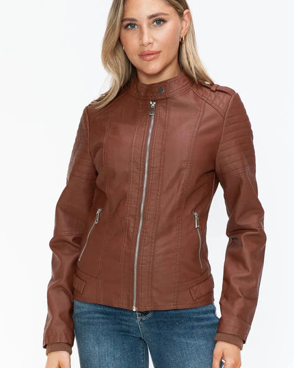 Snobbish PU Leather Biker Jacket with Side Zip Pockets - ShopEasier