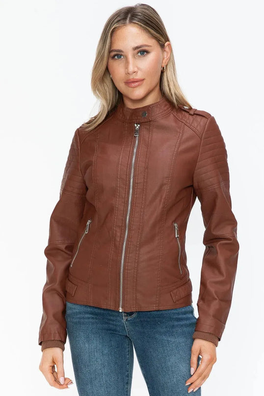 Snobbish PU Leather Biker Jacket with Side Zip Pockets - ShopEasier