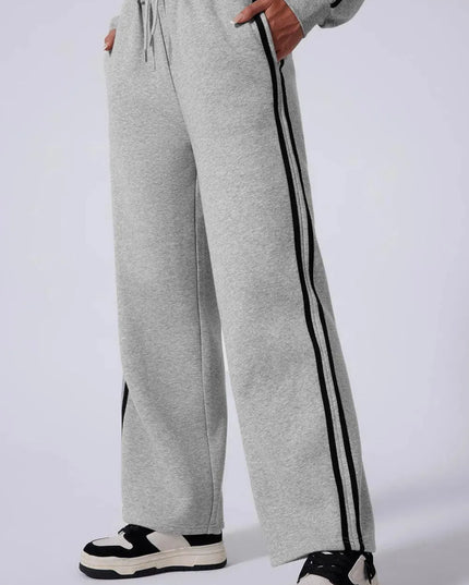 Sporty Side Striped Activewear Set with Round Neck Top and Pants