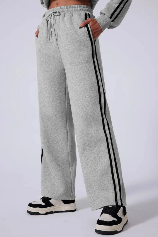 Sporty Side Striped Activewear Set with Round Neck Top and Pants