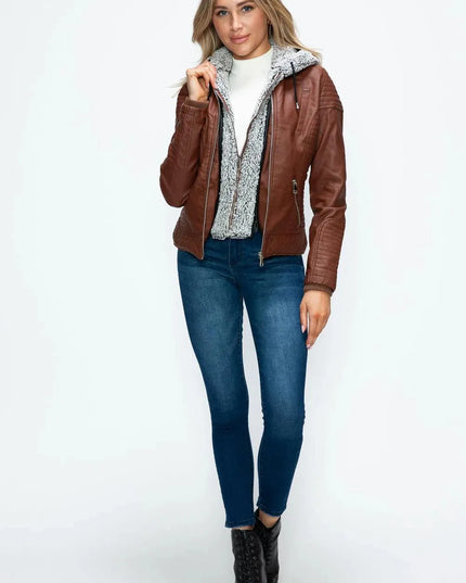 YMI Faux Layered Double-Zipper Jacket with Fuzzy Hood - ShopEasier