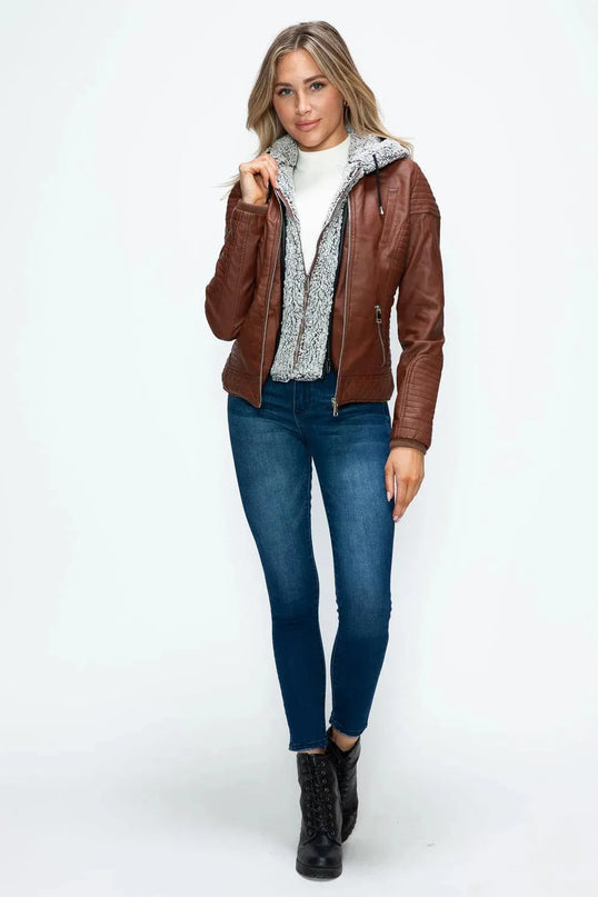 YMI Faux Layered Double-Zipper Jacket with Fuzzy Hood - ShopEasier