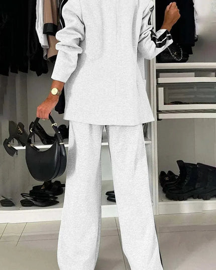 Full Size Contrast Lapel Collar Top and Pants Set - ShopEasier