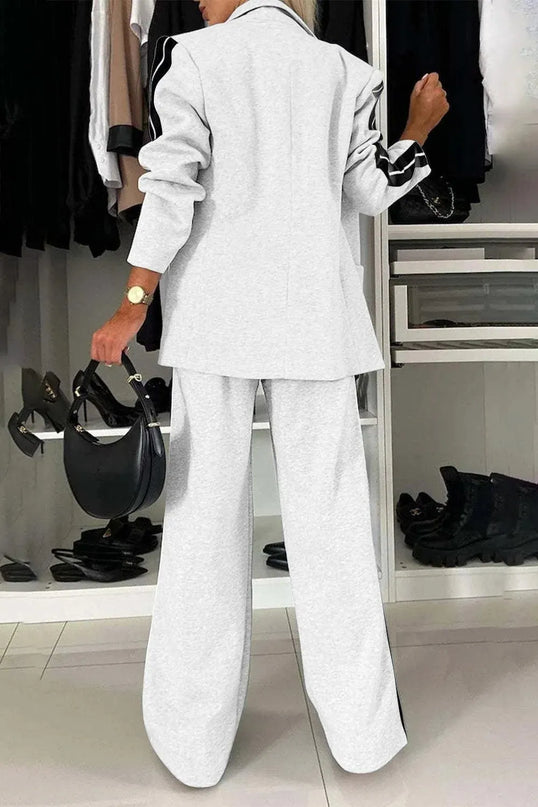 Full Size Contrast Lapel Collar Top and Pants Set - ShopEasier