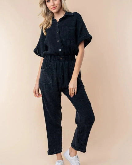 White Birch Texture Short Sleeve Jumpsuit - ShopEasier